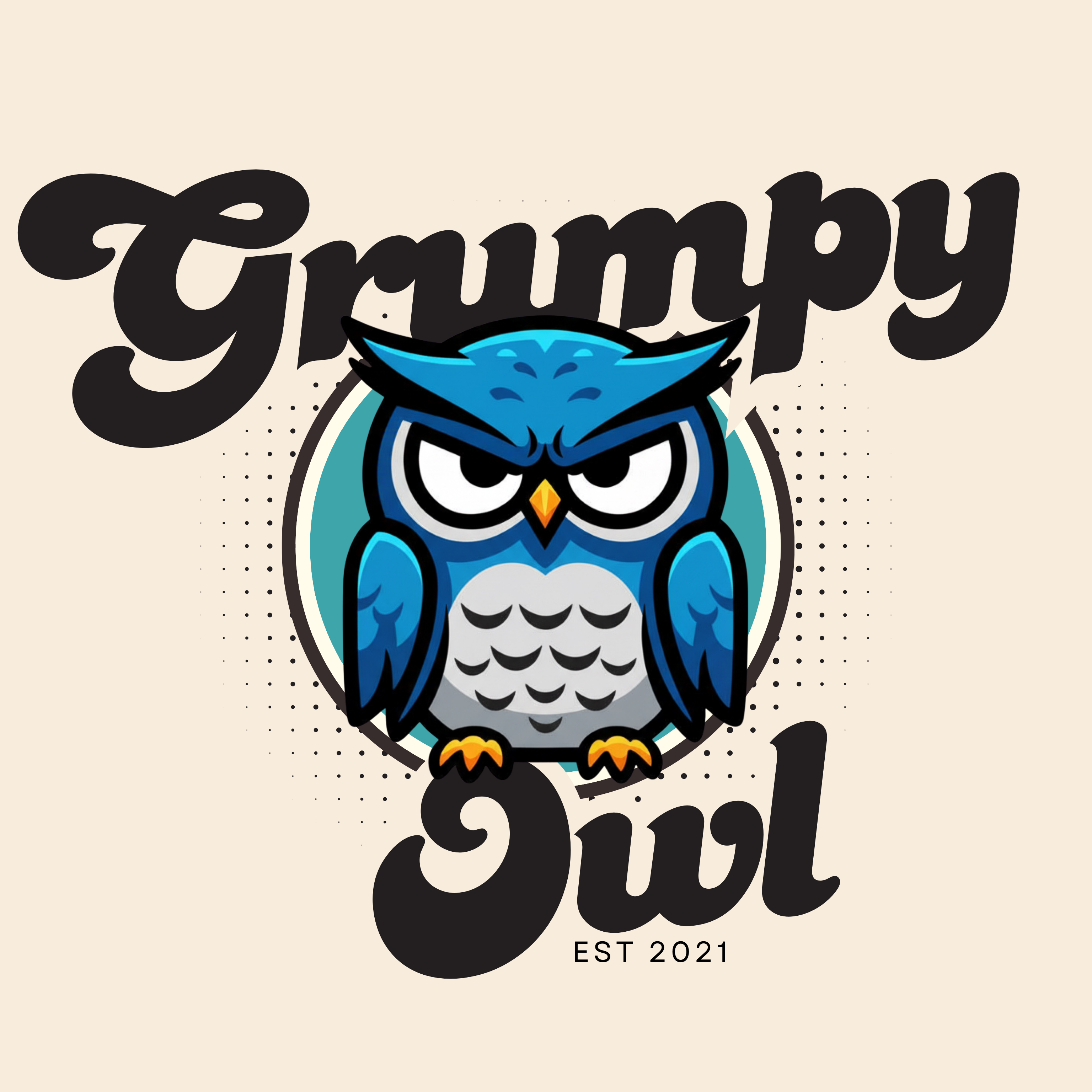 Blue owl with 'Grumpy Owl' text on a beige background
