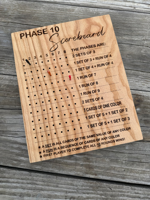 Wooden scoring board with engraved text on a wooden surface