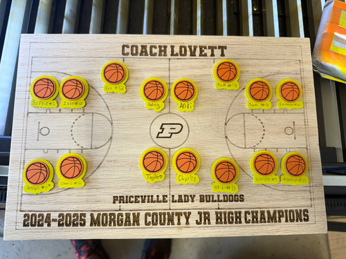 Wooden plaque with basketball design and text for Coach Lovett and Priceville Lady Bulldogs