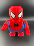 Red and blue toy figure with spider emblem on a black background