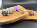 Three small fidget bears  on a wooden surface with a coin for scale.