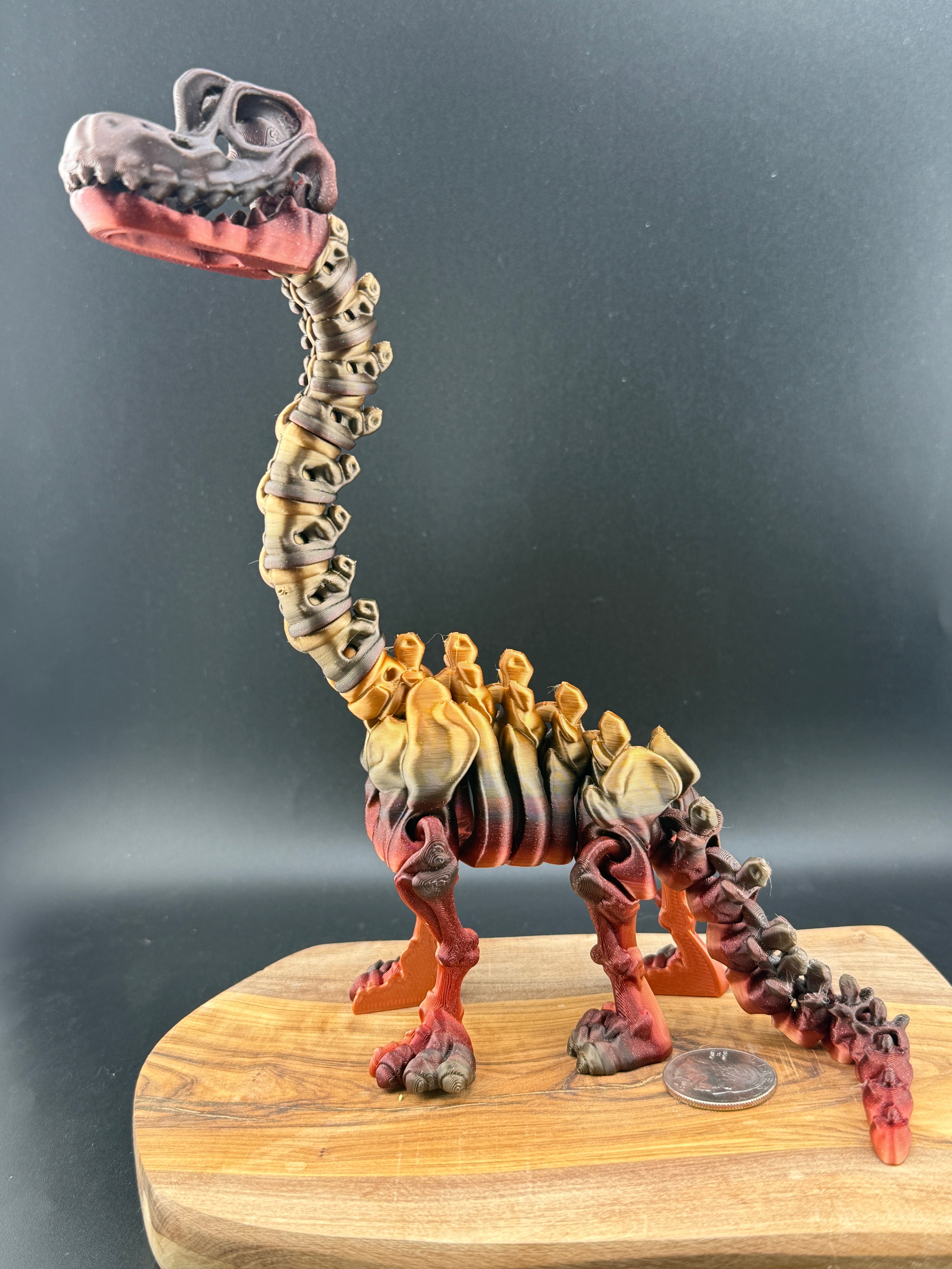 3d printed dinosaur skeleton on a dark background. 