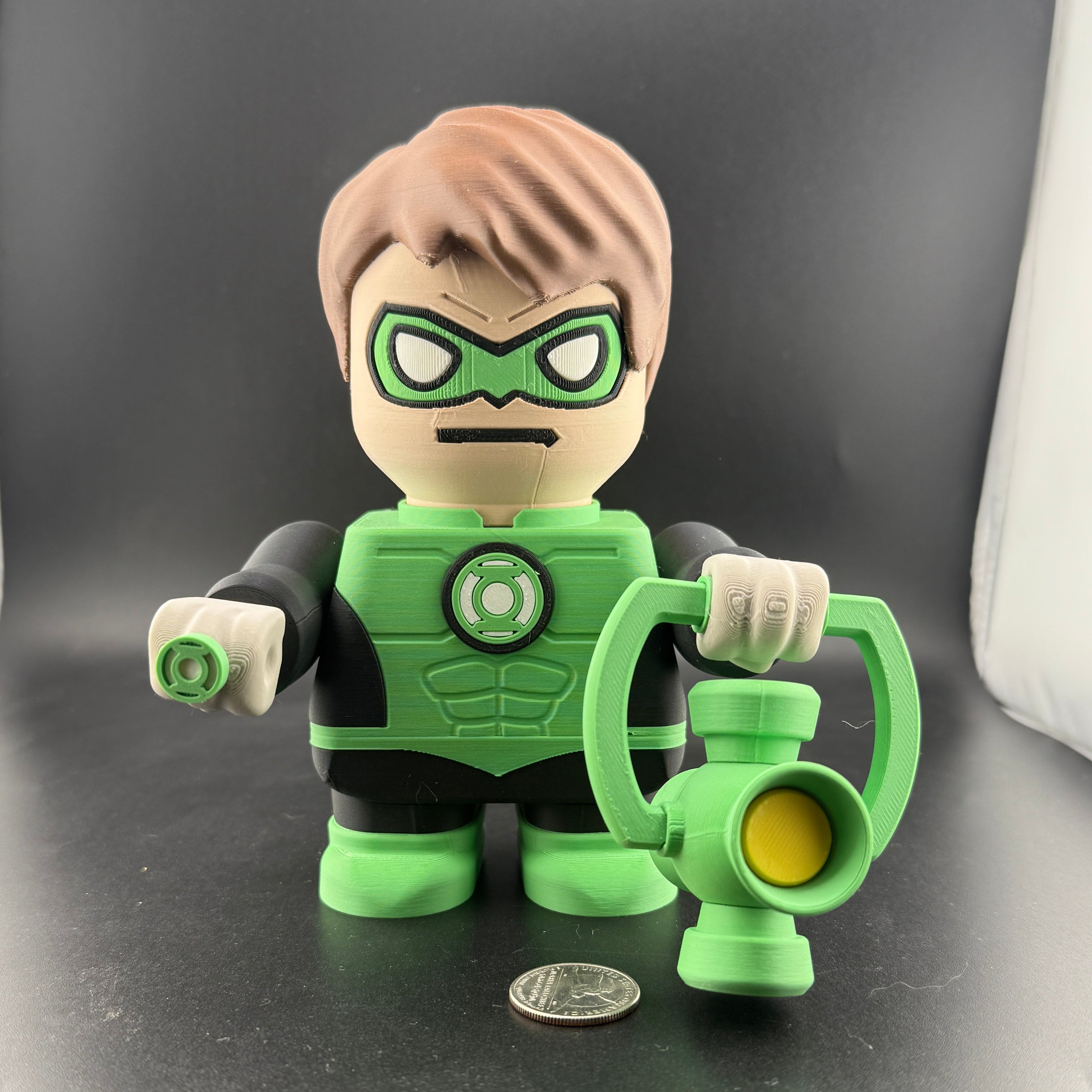 3D printed character on dark background. 