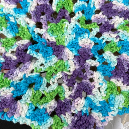 Close-up of a crocheted fabric with multicolor pattern